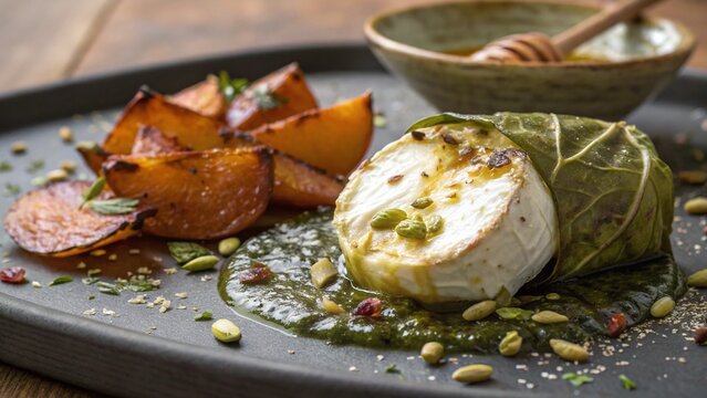 Photorealistic close-up of baked goat cheese crottin with blistered grape leaves soft center caramelized quince pistachio honey and lavash