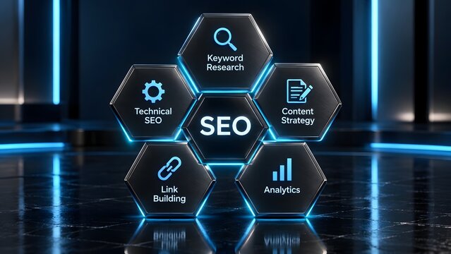 SEO Hexagon Structure With Keyword Research Technical SEO Link Building And Analytics