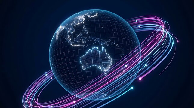 Glowing digital globe highlighting Australia surrounded by futuristic fiber optic communication rings and light trails
