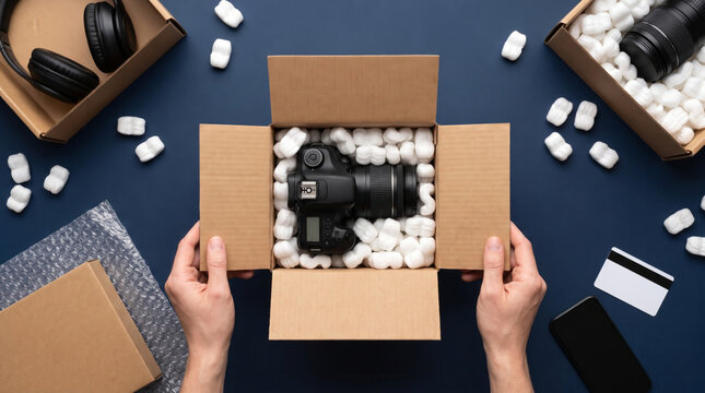 Cyber Monday deal electronics package featuring camera, headphone, cardboard box, and packing. Online tech retail commerce. shopping discount promotion offer, marketing sale event background