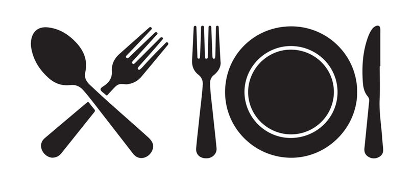 Set of cutlery and plate symbols for dining and food service applications.