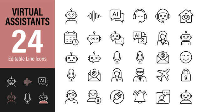 Set mit Linien-Icons f&uuml;r virtuelle Assistenten: K&uuml;nstliche Intelligenz, Chatbot, Kundensupport, Spracherkennung, intelligente Automatisierung, Bot-Service, Benachrichtigung, Kommunikation, digitaler A