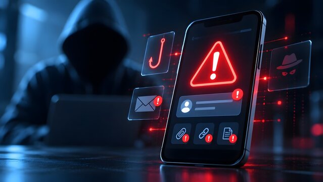 Mobile Phone Phishing Attack And Cybersecurity Scam Threat Concept