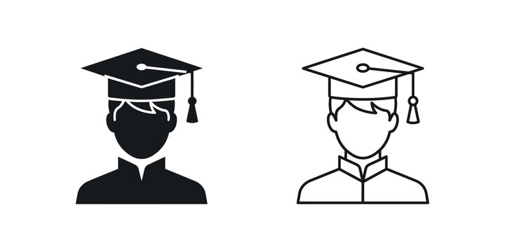 Graduate student icon vector collection with graduation cap, student, diploma, and education symbols for schools, colleges, and academic applications.
