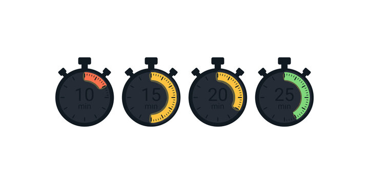 Stopwatch timer icons showing ten, fifteen, twenty, and twenty five minutes isolated on white background for countdown and schedule design.

