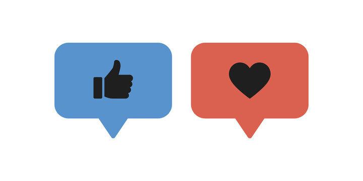 Like and love icon button set featuring thumbs up, heart, speech bubble, and social media reaction symbols for modern user interface design.
