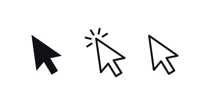 Cursor mouse click icon set featuring click arrow icons and computer mouse cursor symbols for web and application interface design.
