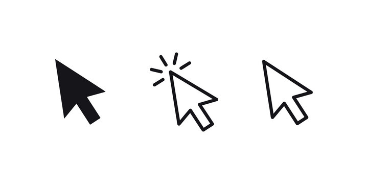 Cursor mouse click icon set featuring click arrow icons and computer mouse cursor symbols for web and application interface design.
