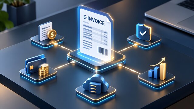 E-Invoice Electronic Invoicing System With Payment And Cloud Storage Icons