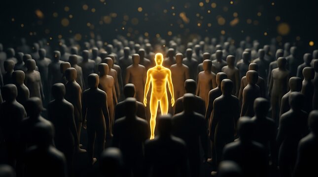 Glowing golden human figure standing out distinctively among a massive dark crowd of people