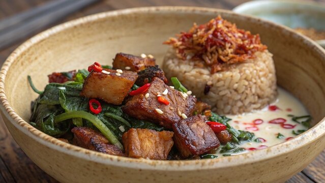 Close-up Bhutanese phaksha paa with caramelized pork belly, red rice, fermented cheese, daikon and chilies in textured earthenware