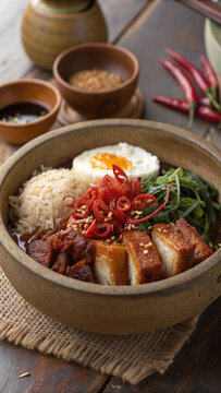 Rustic Bhutanese phaksha paa with pork belly, red rice, dried chilies, daikon, radish greens and fermented cheese in clay pottery