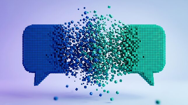 Blue and green chat bubble icons dissolving into countless small floating voxel cubes