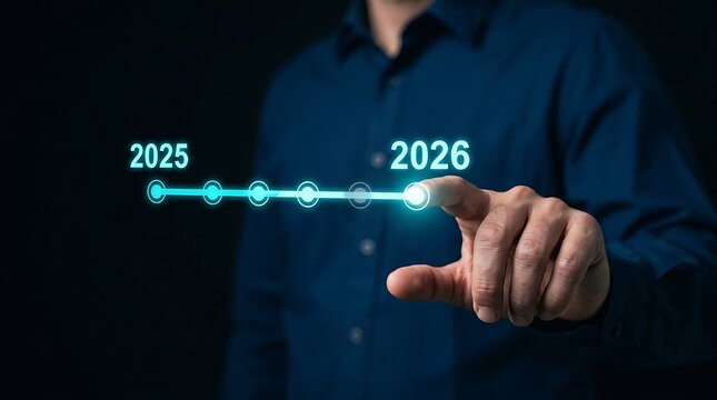 Businessman touching glowing futuristic interface timeline representing future transition from year twenty twenty five