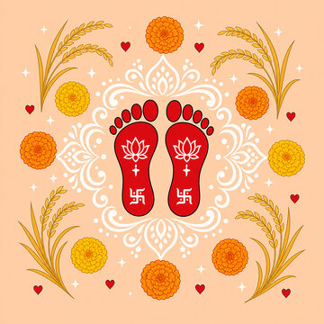 Goddess Lakshmi Feet Marigold Rangoli