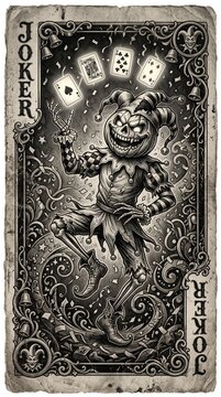 Vintage Illustration of Creepy Skeleton Joker Playing Card