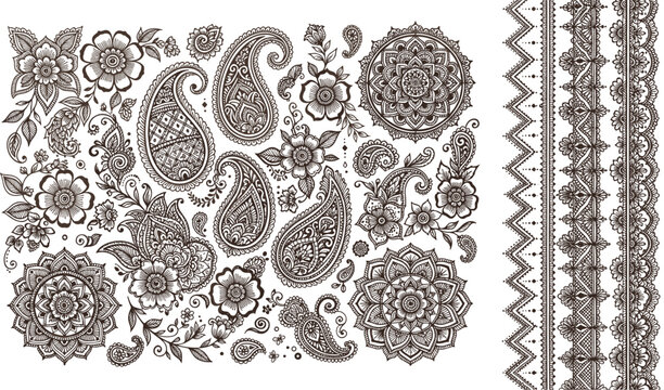 Intricate mehndi henna vector element collection featuring traditional Indian paisley patterns floral mandalas and decorative seamless border ornaments