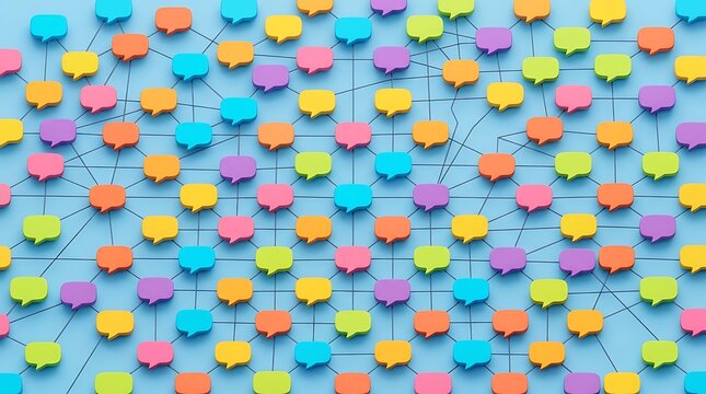 Colorful speech bubbles connected with lines representing global communication networks and digital messaging systems