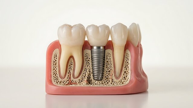 Dental implant model showcasing titanium screw placement inside synthetic jawbone with natural teeth
