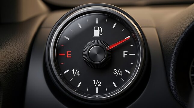 Modern vehicle fuel gauge dashboard meter showing nearly full tank status during daylight hours