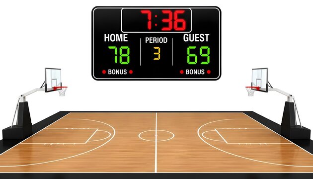 3D vector illustration of a basketball court with a digital scoreboard isolated on white background.