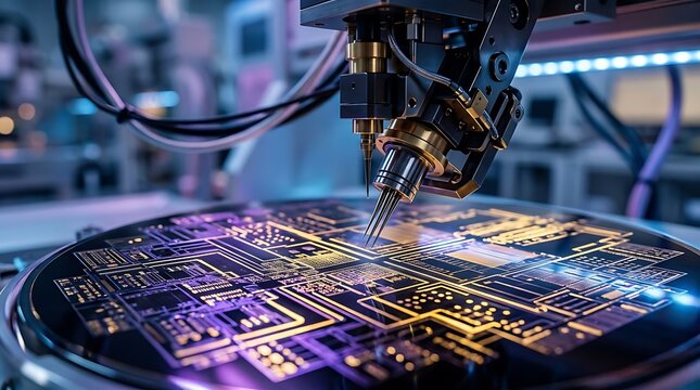 Advanced microchip manufacturing machine precision probing silicon wafer inside clean room laboratory environment