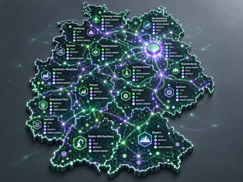Germany Innovation & High-Tech Industry 3D Map: AI Hubs, Green Energy, Biotech & Technology Ecosystem