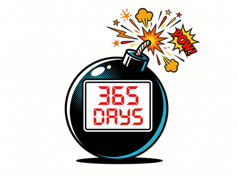 Comic pop art illustration of a time bomb with a digital display showing 365 days and a dramatic explosion effect isolated on white background