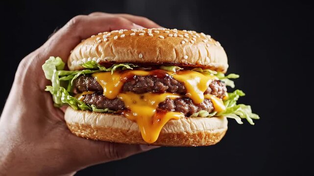 Hand Holding Steaming Double Cheeseburger with Dripping Cheese