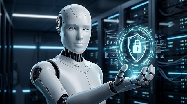 Humanoid robot holding digital cybersecurity shield icon inside modern server room data center