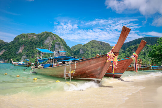 Natural scenery of long-tail boats on the beach of Phi Phi Don, Krabi, Thailand