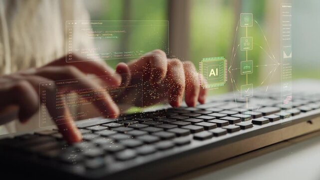 Hands type on a keyboard. AI-assisted programming connects source material with a sequence of parsing, assembly and validation, while execution metrics describe the resulting software work.