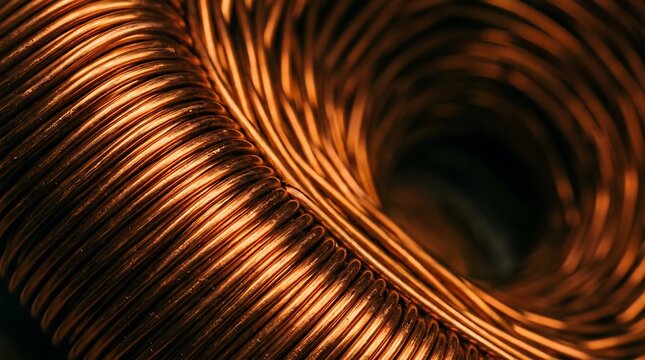 Shiny copper wire coils wound tightly together forming abstract metallic patterns inside industrial settings