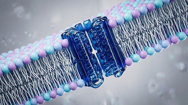 Detailed scientific illustration showing cell membrane phospholipid bilayer structure with transmembrane protein channels inside