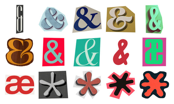 Collection of colorful ampersand and asterisk symbols in various artistic fonts and styles for design and typography isolated on transparent background