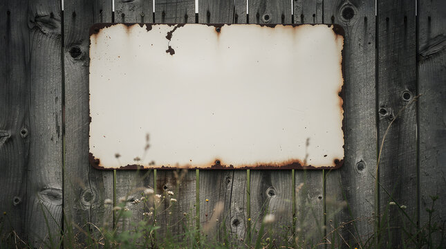 Rusty Sign on Wooden Fence: A weathered, blank metal sign with rusty edges is affixed to a rustic wooden fence, with soft focus grass and wildflowers in the foreground.