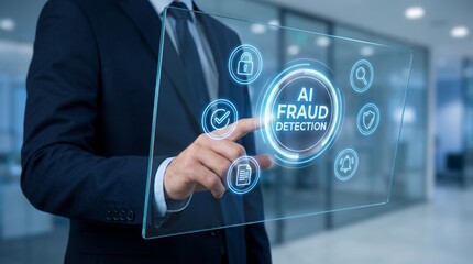 Obraz premium Businessman Touching AI Fraud Detection Interface on Glass Screen