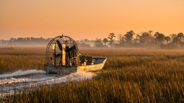 An airboat gliding through the misty Florida Everglades wetland during a beautiful golden sunrise landscape view.