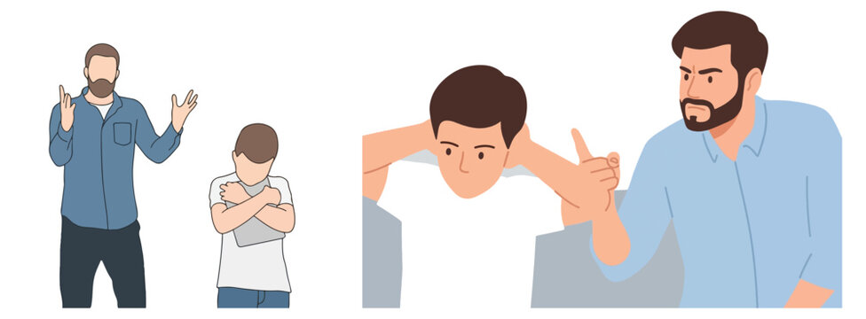 Strict Father Scolding Upset Son Angry Parent Pointing Finger Disobedient Scared Child with Tablet Family Conflict Concept Vector Illustration Isolated on White Background