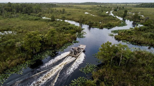 Aerial view of an airboat cruising through the lush green wetland marsh channels in a national park landscape