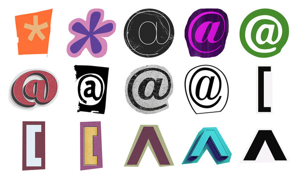 Set of colorful email at symbols and brackets in various artistic graphic styles and creative shapes for design projects isolated on transparent background