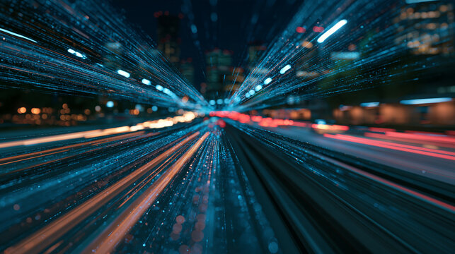 Fast moving light streaks creating a dynamic tunnel effect in a futuristic metropolis. Ideal for high speed networking and data processing visuals.