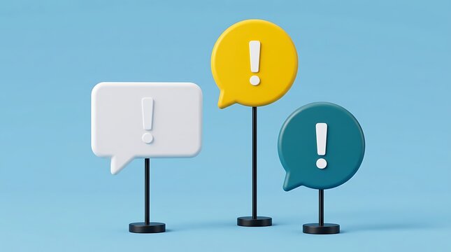 Colorful speech bubble icons featuring exclamation marks for messaging and communication concepts in studio