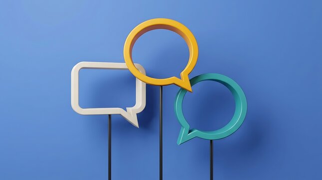 Colorful speech bubble icons floating on slender stems against vibrant blue wall background