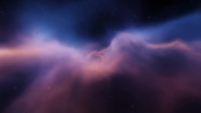 Cinematic 3D visualization of a vast deep-space nebula composed of colorful interstellar gas and subtle cosmic light. Calm atmospheric movement and a stable star field create a professional astronomy 