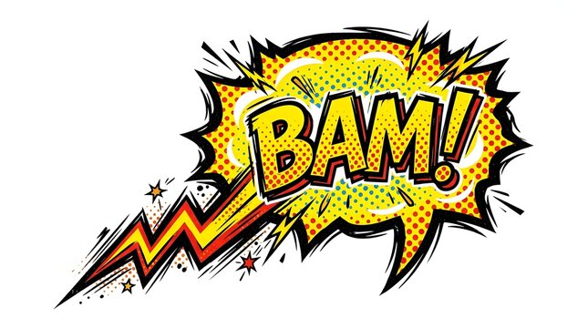 Comic speech bubble with the word bam displaying dynamic action and explosion effects in a vibrant yellow style.