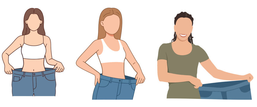 Woman Weight Loss Success Concept Set Slim Athletic Female Body in Oversized Loose Jeans Vector Illustration Isolated on White Background