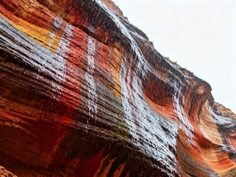 Colorful sandstone rock formation with water flowing down its surface