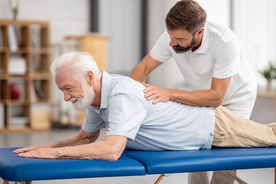 Elderly man lying on a medical bed receiving physical therapy from a male physiotherapist