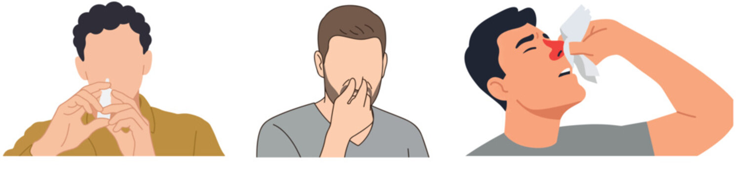 Man, Nasal Spray Treatment Runny Nose Allergy and Nosebleed First Aid Concept Set Sick Male Character Healthcare Vector Illustration Isolated on White Background